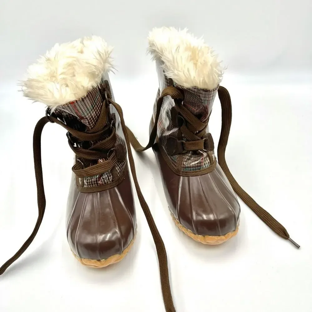 Sporto style kim4451902 women brown Plaid faux fur Lined Waterproof Duck Boots 8